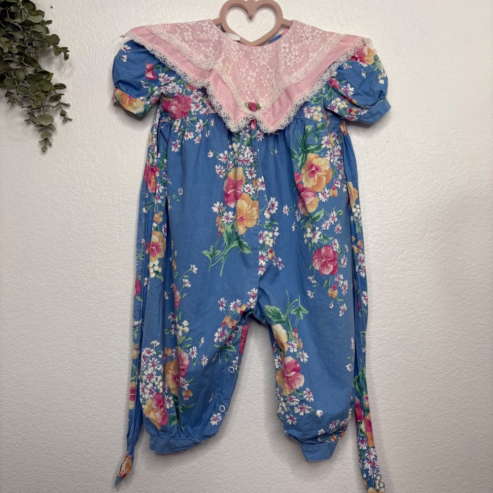 Piccolo Vintage Baby‎ Girl Floral Romper Pink Lace Collar Blue 24M 24 Months
